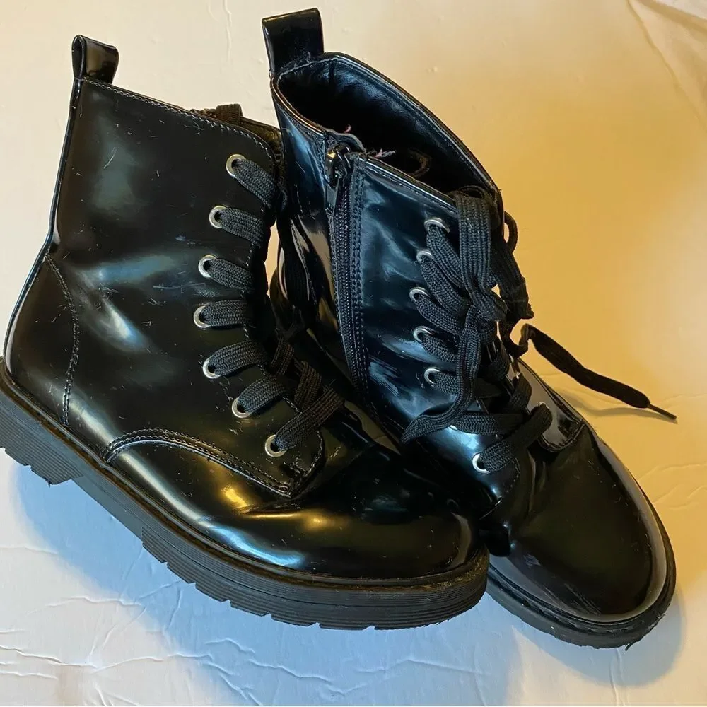 Thereabouts Reese Girls Black Patent Combat Boots Youth Size 3 Side Zip